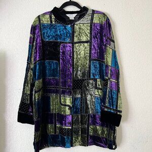 Lutar Womens Medium Purple Black Silk Blend Patchwork Velvet Tunic Shirt/Jacket